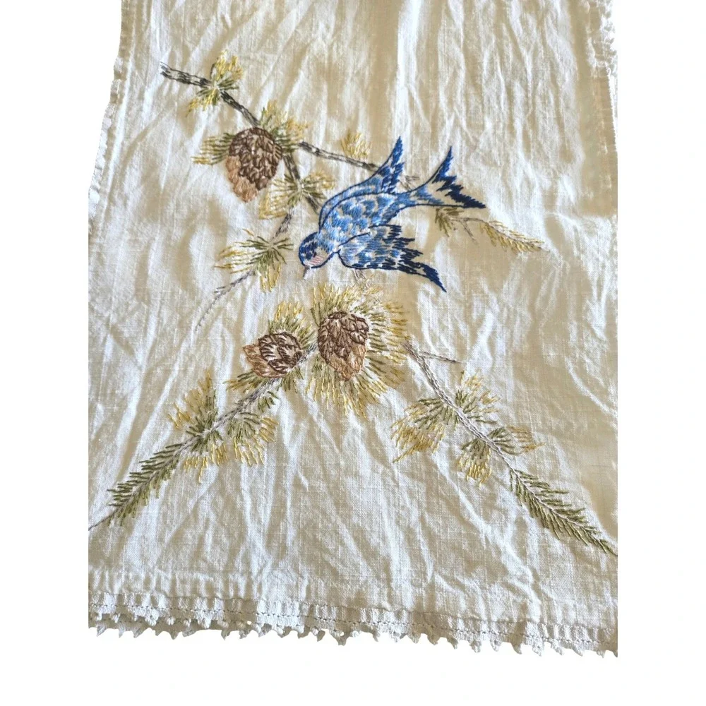 Vintage Hand Embroidered Table Runner Blue Bird Pinecone Lace 13x40 White